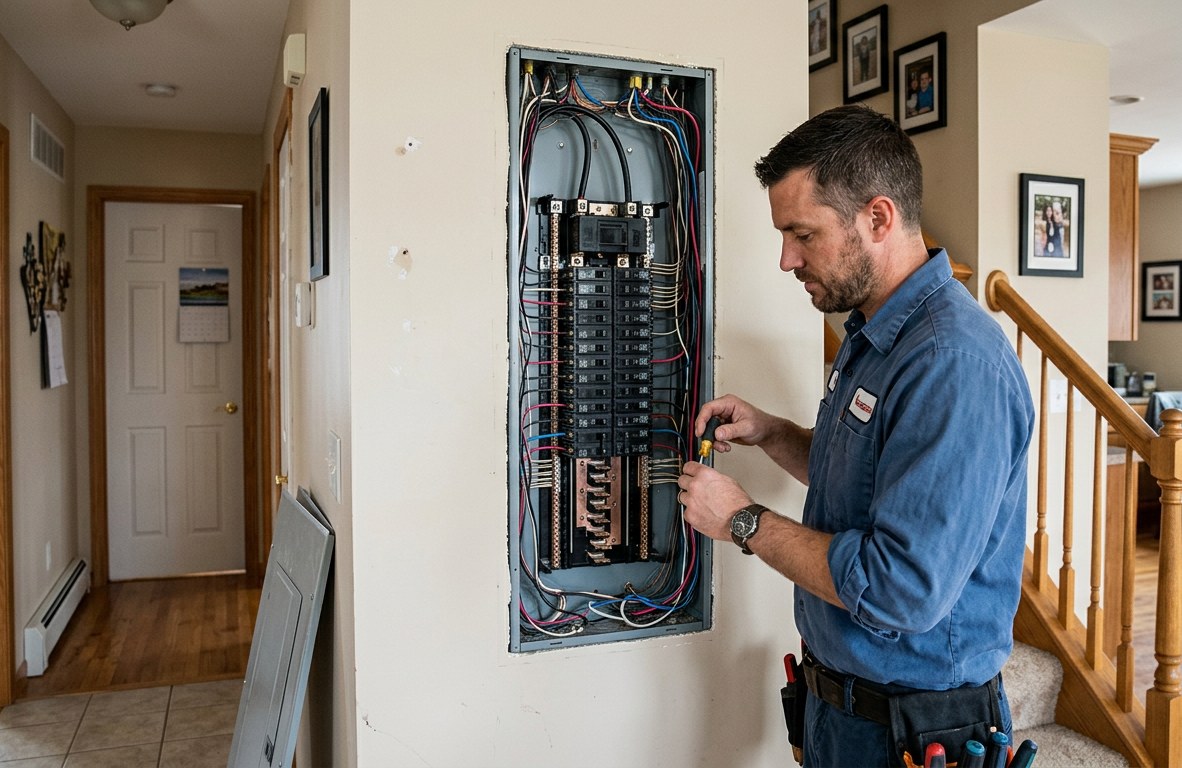 Electrician in a blue work shirt working inside an open residential electrical panel