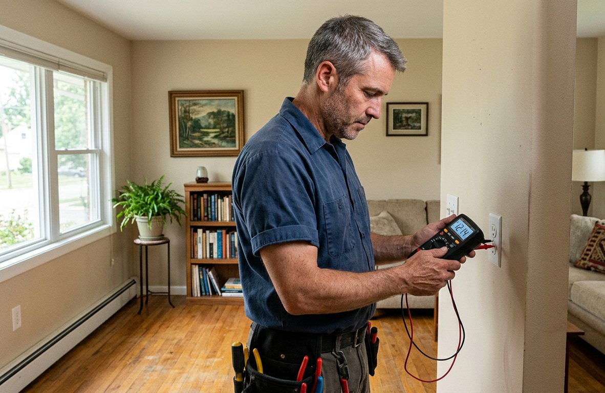 Electrician testing a wall outlet with a multimeter in a Huntley living room