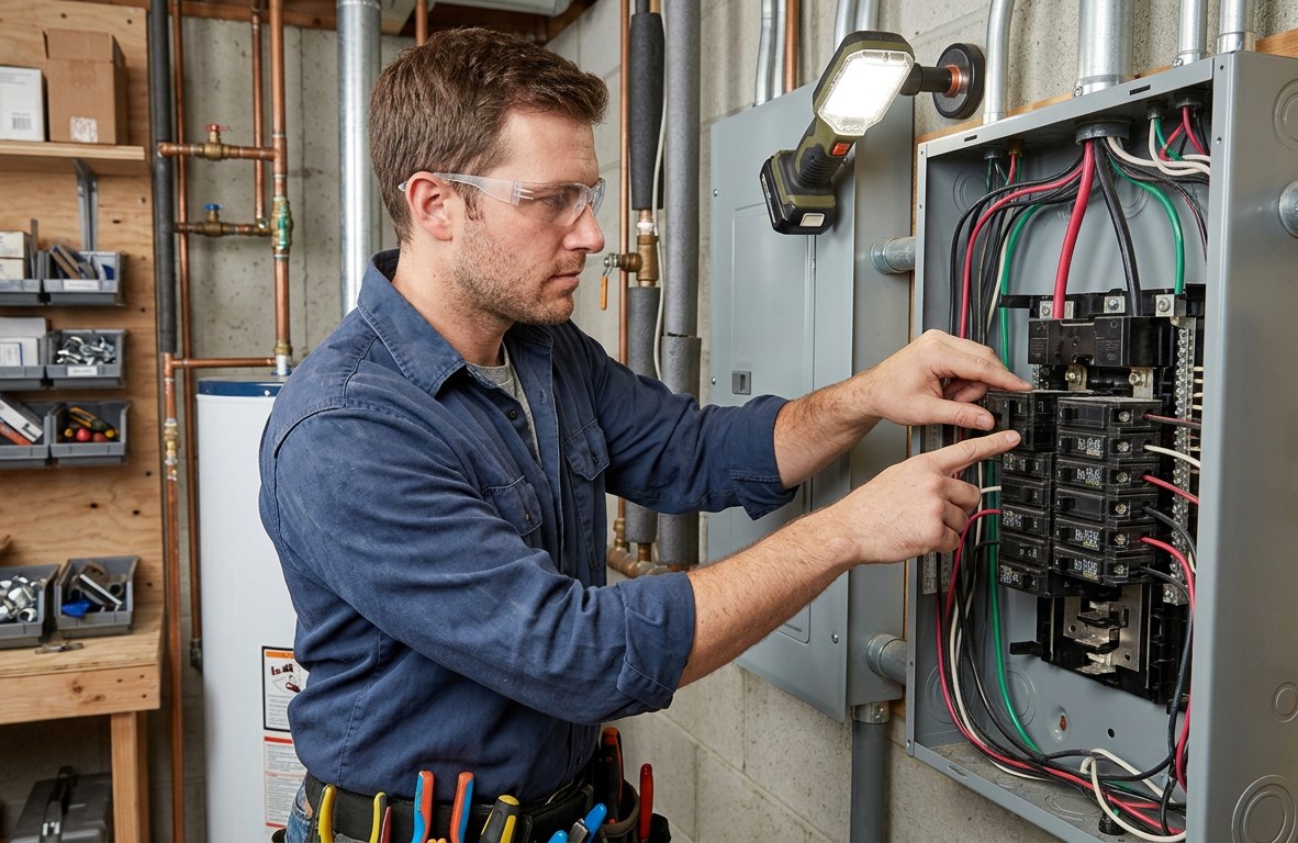 Electrician installing a new breaker in a modern residential electrical panel