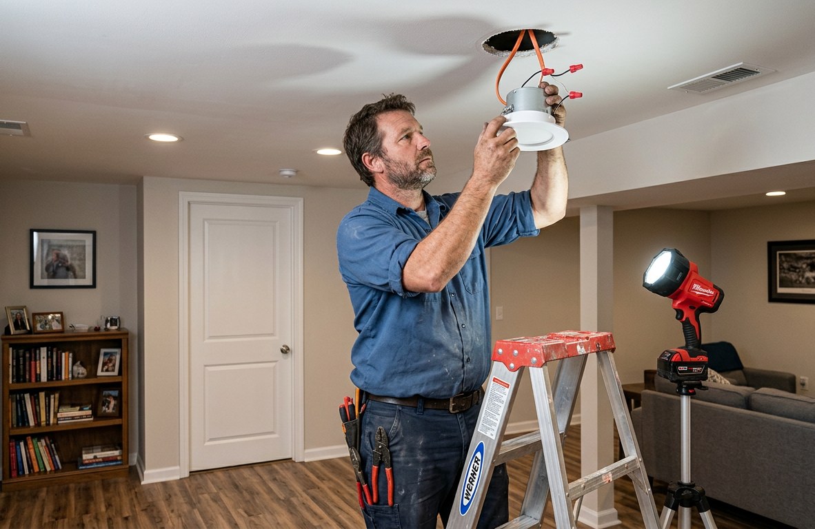 Electrician installing a recessed light in a finished basement ceiling
