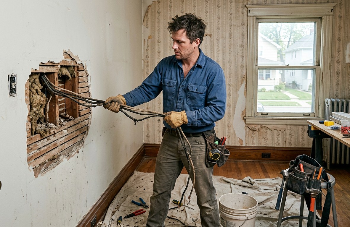Electrician pulling old wiring out of a wall during a home rewiring project