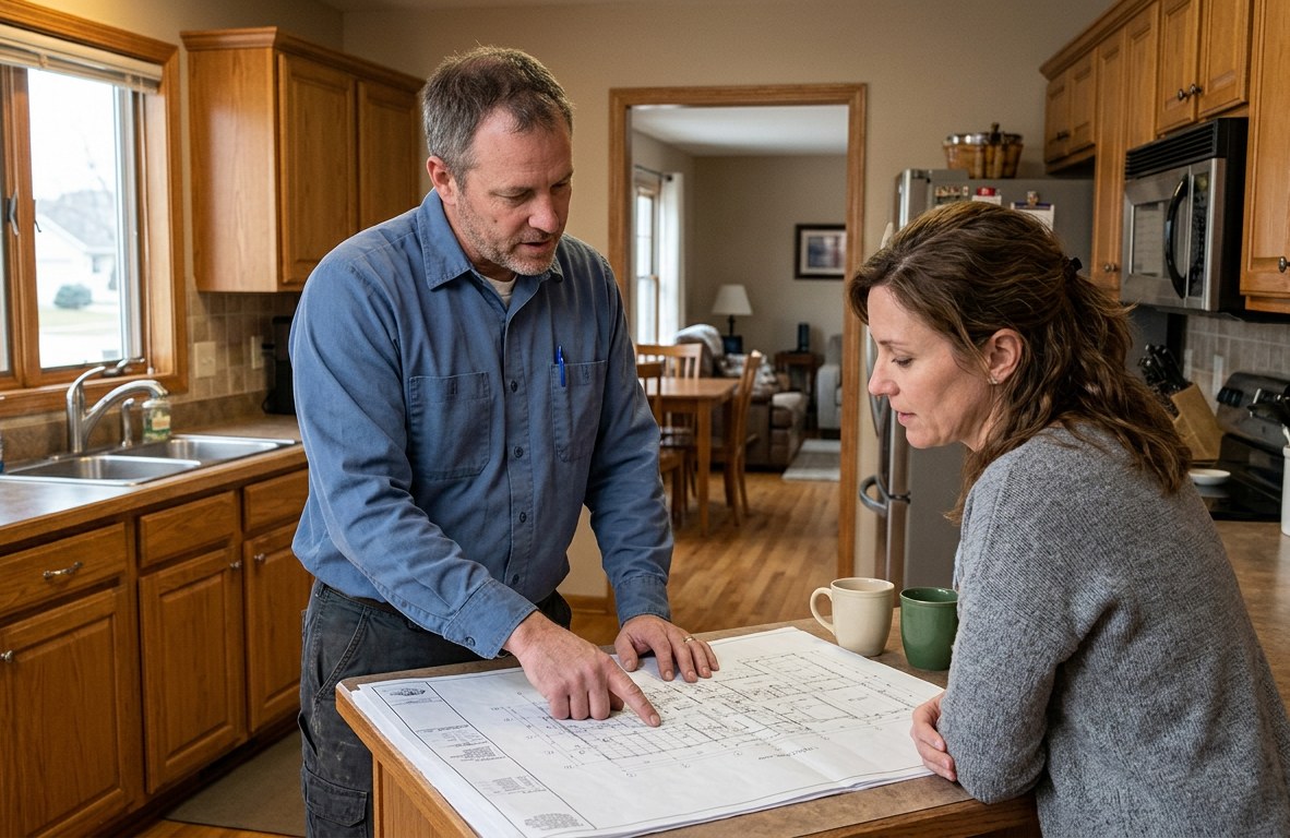 Electrician in a blue work shirt reviewing a plan with a homeowner in a Huntley kitchen