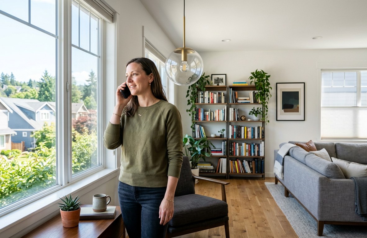 Homeowner on the phone in a bright Huntley living room with a modern light fixture